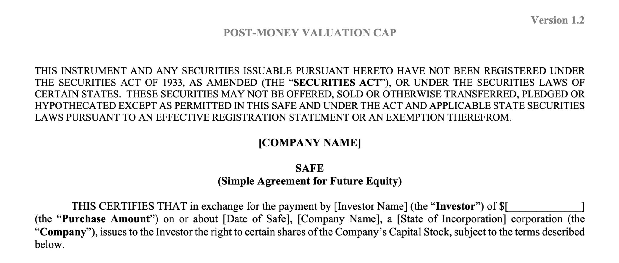 SAFE Note Agreement (Y Combinator)
