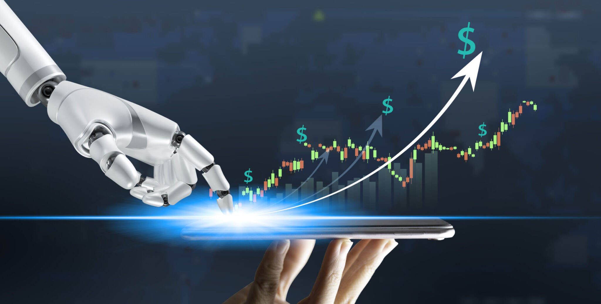 Robot trading concept. Robot hand represents use of artificial intelligence in trading stocks. wealth stock investing. Digital transformation technology. Ai(artificial intelligence)make decisions.